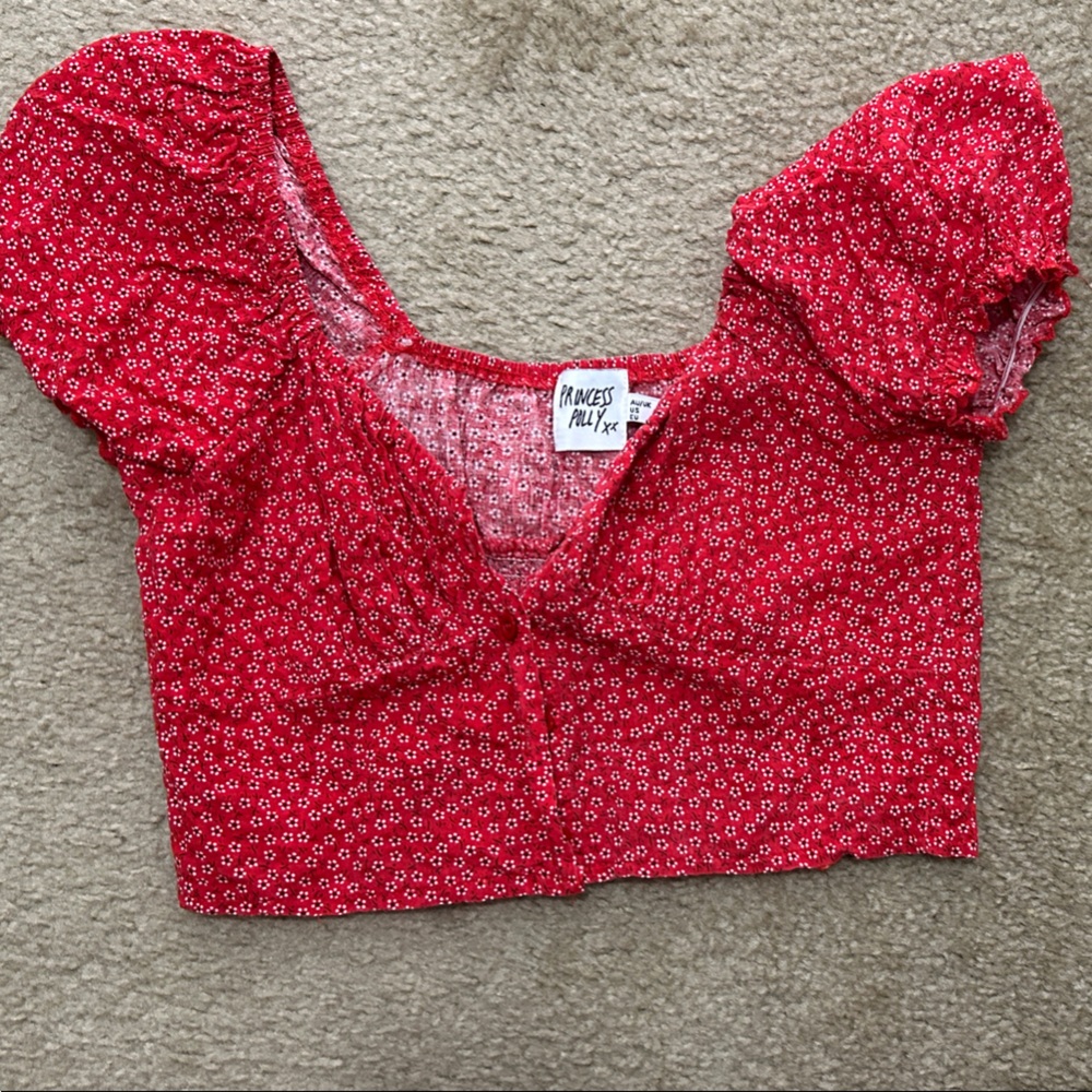 Princess Polly Red Floral Puff Sleeve Crop Top